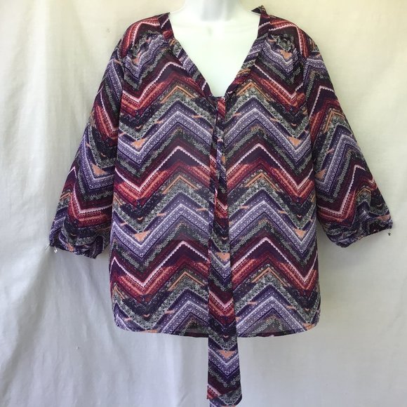 Women's Purple Zig Zag 3/4 Sleeve Tie V Neck Tunic - Picture 1 of 7